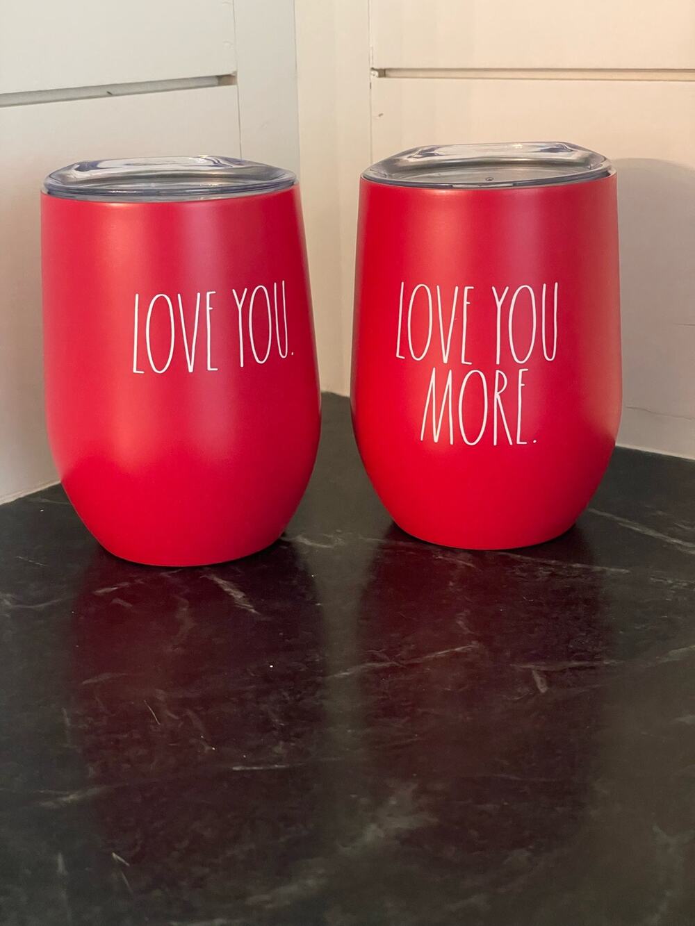 Rae Dunn set of 2 Stainless cherry Red Wine glasses 12oz love you.